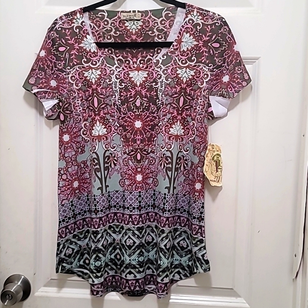 NEW One World‎ Top Women S Pink Green Medallion Rhinestone Short Sleeve Boho